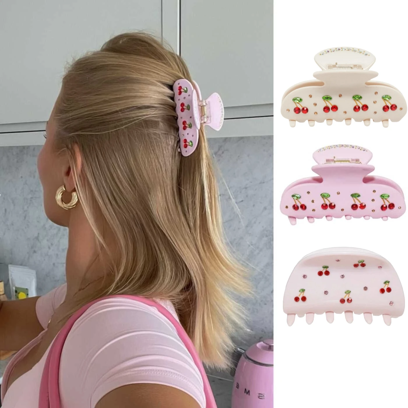 

Cute Tiara Pink Cherry Hair Clip No-slip Acetate Fruits Hair Barrette Trendy Claw Clips for Women Girls Fashion Hair Accessories
