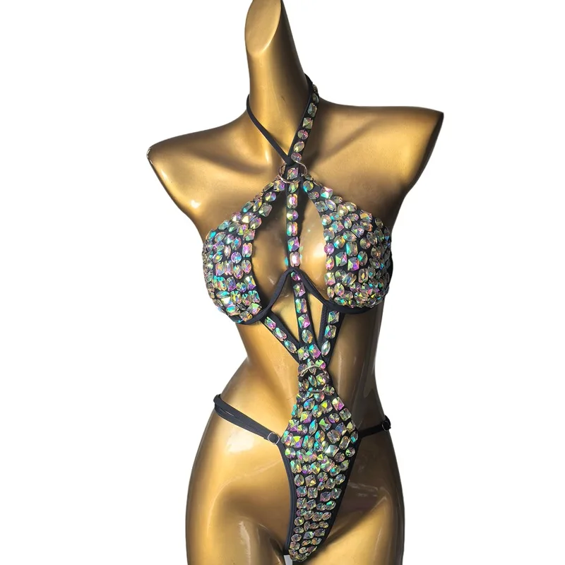 Shiny Rhinestones Bikini One-Piece Bodysuit Halter Bandage Swimsuit Sexy Fashion Beach Holiday Vacation Swimwear Club Party Wear