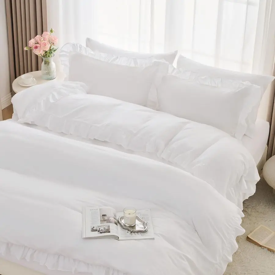 

5 Pcs White Ruffle Duvet Cover Full Size Soft Microfiber Shabby Chic Ruffled Duvet Cover Set, Vintage French Country Ruffle Bedd
