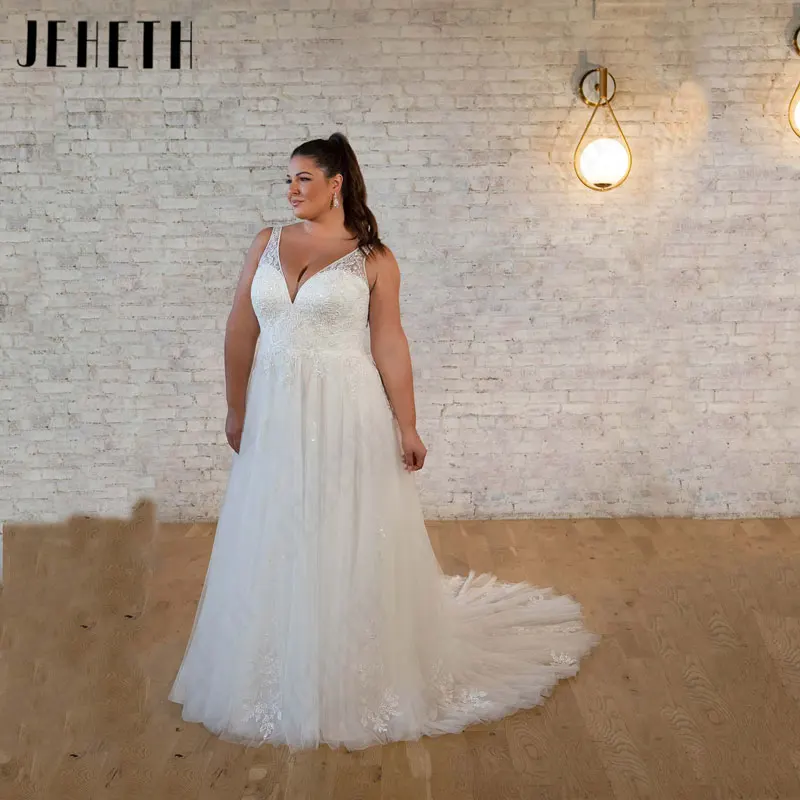 

JEHETH V-Neck Tulle Wedding Dresses Plus Size A-Line Spaghetti Straps Sleeveless Bridal Gowns Appliques Sexy Lace Robe De Mariée