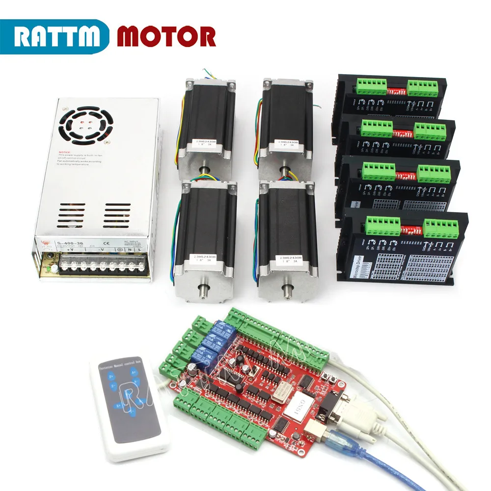 CNC 4 Axis Nema 23 Stepper Motor Kit 112mm (Dual shaft) 425oz-in & FMD2740C 50V 4A Motor Driver & 4 axis USB Port Breakout Board