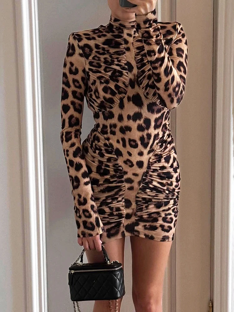 Macheda Autumn Trend Backless Dress Woman Turtleneck Leopard Print Full Sleeve Skinny Wrap Hip Street Sexy Fashion Mini Bodycon