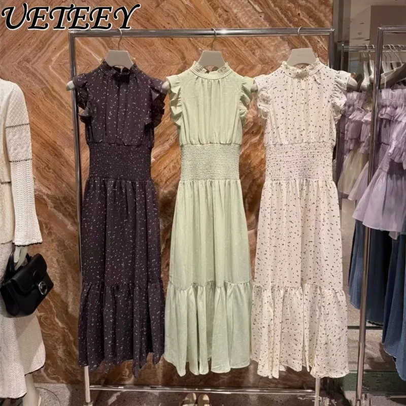 2025 여름 일본 스타일 슬림핏 러플 칼라 드레스 (작은 플러터 소매와 프린트된 하이웨이스트 슬림핏 롱 드레스)