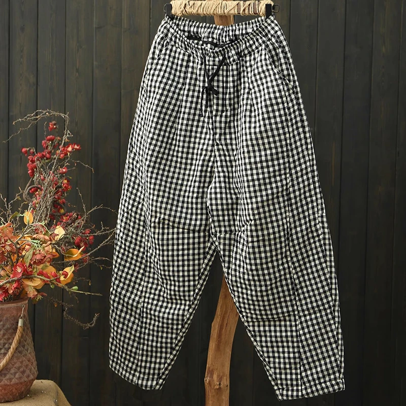 

100% льняные женские толстые теплые повседневные брюки, Новое поступление, осень 2022, винтажный стиль, клетчатый узор, свободные женские шаровары M2125