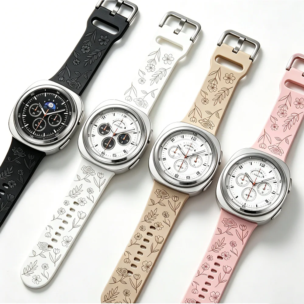 Silikonarmband für Samsung Galaxy Watch 8 40 44 mm, floral graviertes Silikon-Sportarmband Correa für Galaxy 8 Classic 46 mm