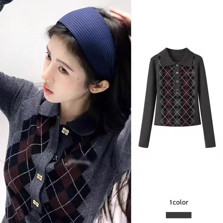 

Женский приталенный вязаный свитер Off Jinglei с длинным рукавом, воротником и ромбовидным узором, осенний, для повседневной носки