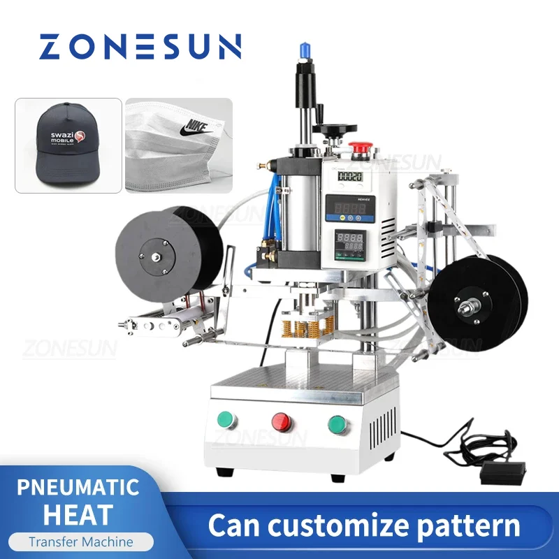ZONESUN Pneumatic Pyrograph Cloth Socks Hats Cap Heat Press Gifts Custom Souvenir LOGO Thermal Transfer Stamping Machine