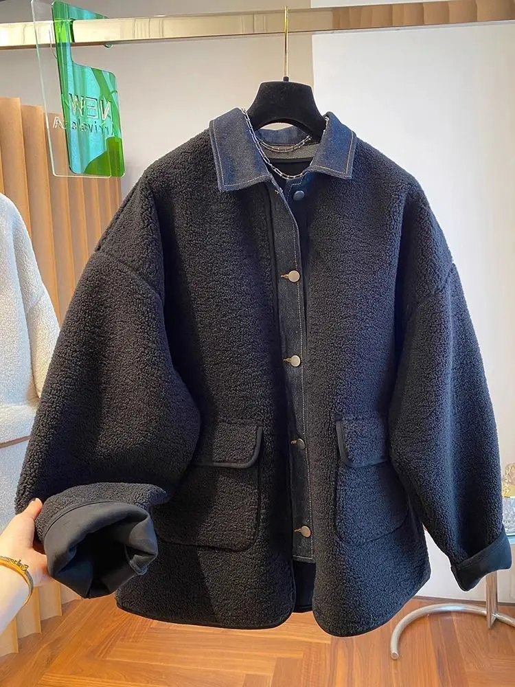 

Autumn and Winter New Women's Lapel Denim Patchwork Lamb Wool Jacket Loose Commuting Jacket JJ1160