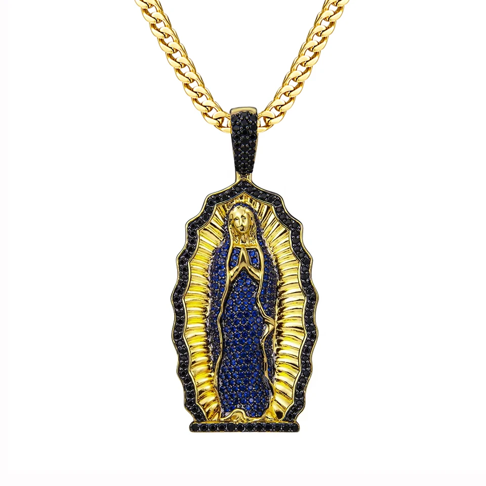 VANAXIN Iced Out Virgin Mary Necklace Men Women 14K Gold Plated Blue black Cubic Zirconia  Fashion Jewelry Creativity Chains