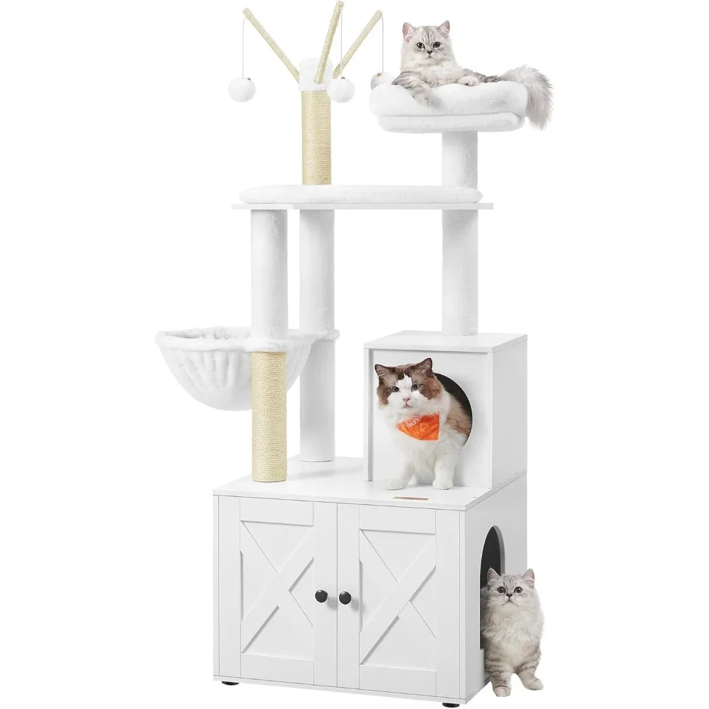 Cat Tree with Litter Box Enclosure, 2-in-1 Modern Cat Tower, 55.1-Inch Cat Condo with Scratching Posts, Removable Pompo