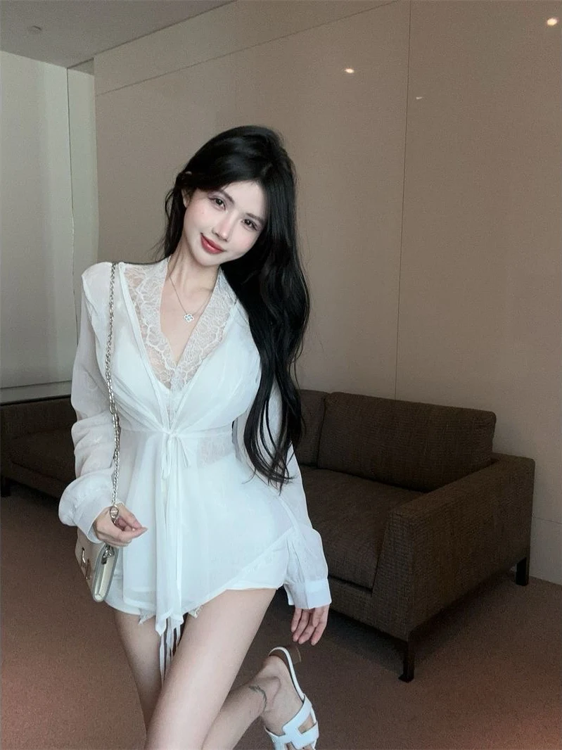 

Black Lace Splice Tie V-Neck Long Sleeve Women's Shirt Summer Slim Fit Waist Cinch Pure Desire Top Commute Style Thin Material