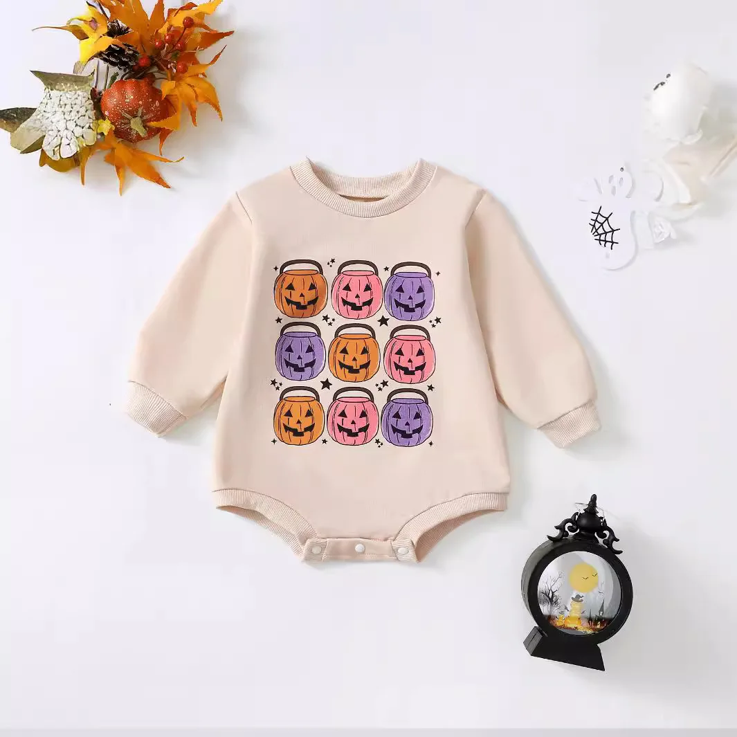 Infant Baby Boy Girl Halloween Outfit Ghost Print Long Sleeve Sweatshirt Bubble Romper Oversized Sweater Fall Winter Clothes