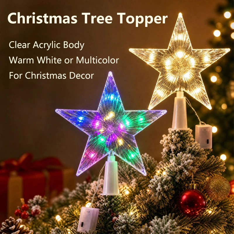 15CM New Plastic Christmas Tree Top Ornaments White Multicolor DIY LED Glowing Star Five-pointed Star Xmas Decoration New Year