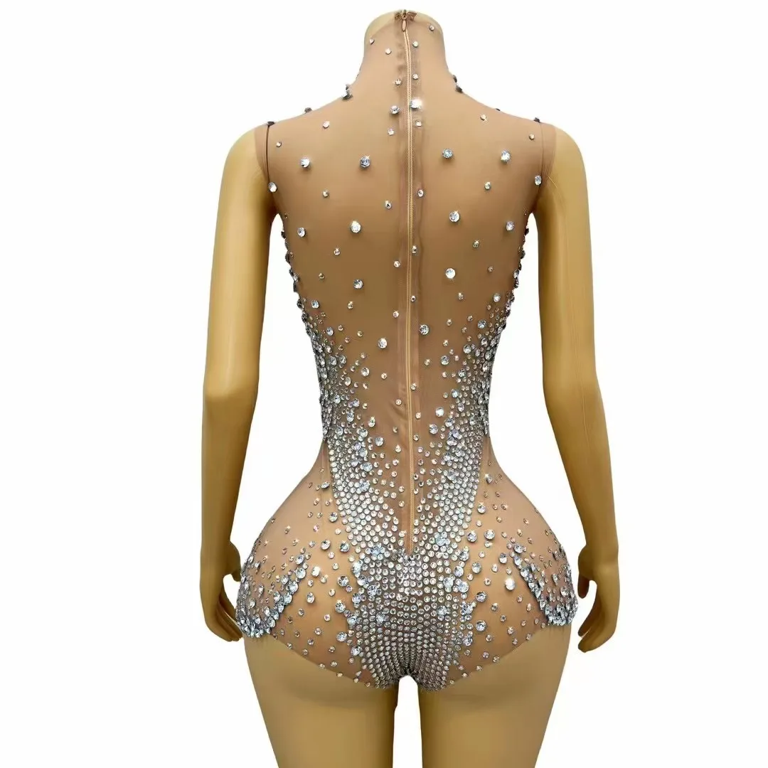 Sparkly Rhinestones Leotard Women Sexy Stage Mesh See Through Dance Performance Costume Singer Dancer Club Photoshoot Bodysuit