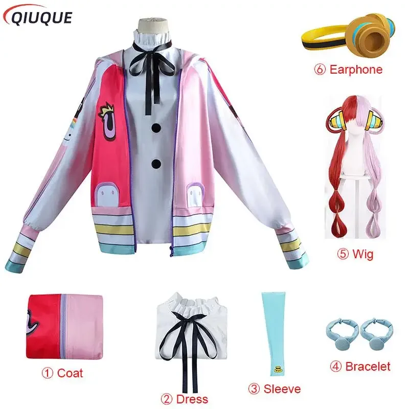 Anime Film RED Uta Cosplay Costume Wig Earphone Women Girls Daily Coat Dress Adult Children Halloween Carnival Party Outfit