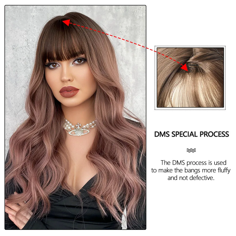 Pink Brown Ombre Wig Women Wig with Bangs Long Wavy Wig Daily Party Cosplay Lolita Heat Resistant Synthetic Natural Fake Hair