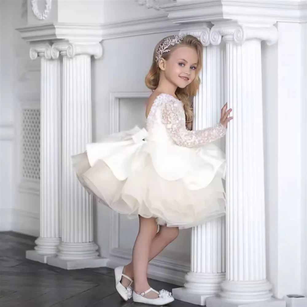 Personalizado de luxo lantejoulas flor menina vestido casamento manga cheia arco inchado princesa vestido festa aniversário crianças batismo vestido baile