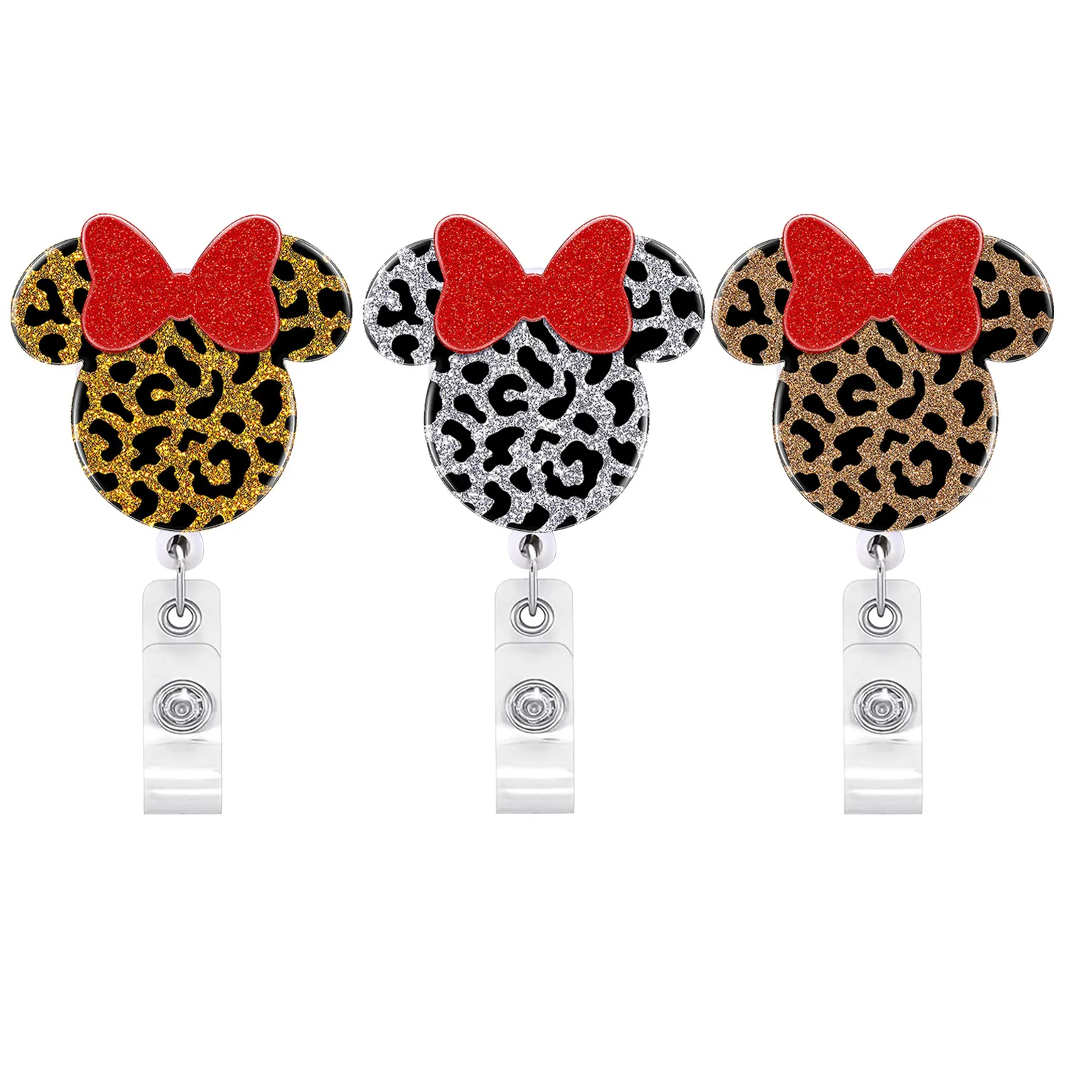 2023 Neww Design 1 Piece High Quality Acrylic Retractable Nurse Badge Reel Fashion Leopard Bow ID Card Holder Keychains Lanyard