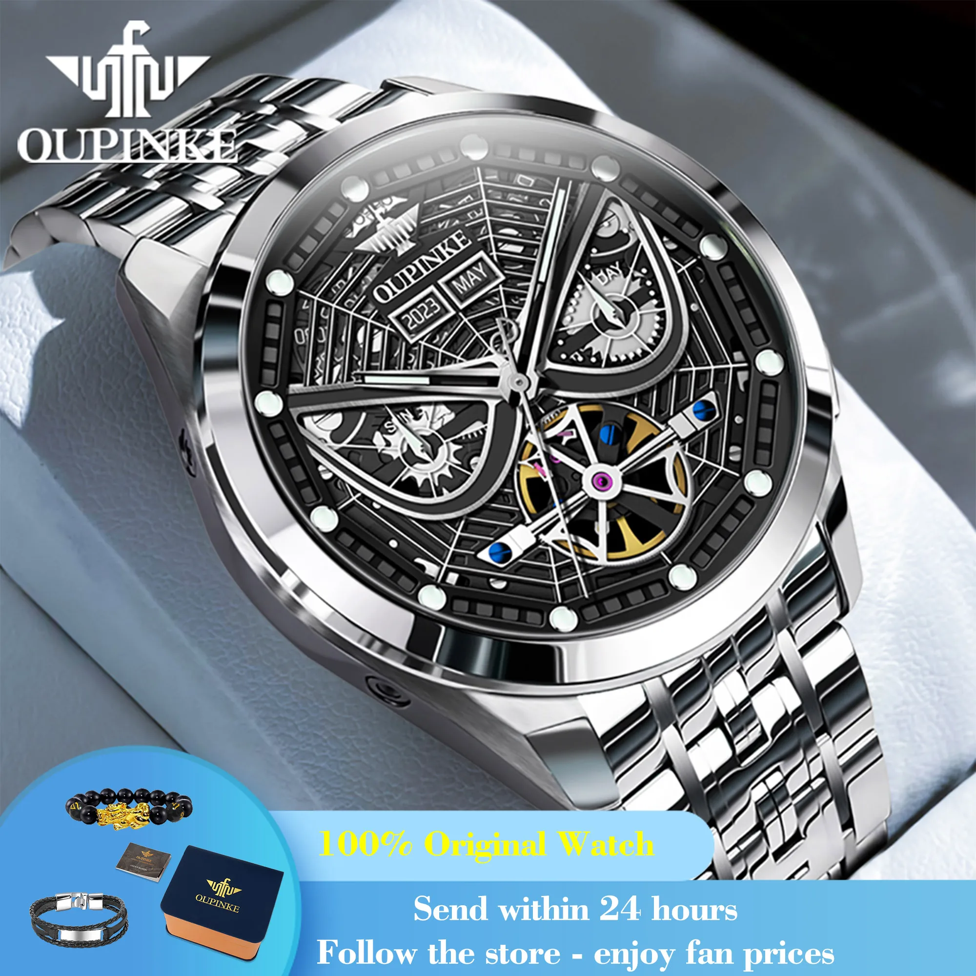 

OUPINKE 3250 Automatic Watch For Men Top Brand Fashion Hollow Skeleton Mechanical Wristwatch Deep Waterproof Original Man Watch