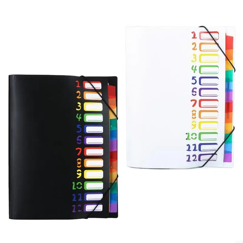 

F42D 2pcs Portable Expanding Document Organiser Labeled 12 Pocket Waterproof File Folder Elastic Fastening Rope Design
