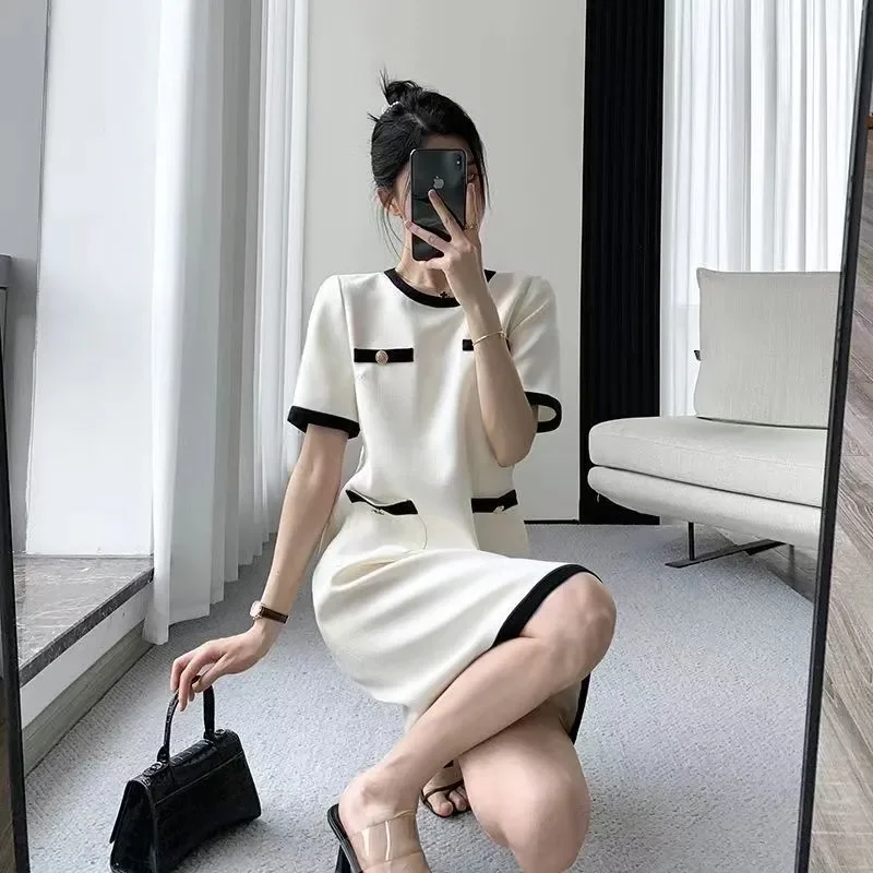 Summer Simple Style Large Size Mid-Long Dress Women 2024 New Fashion Loose Casual Round Collar Temperament White Dresss Female