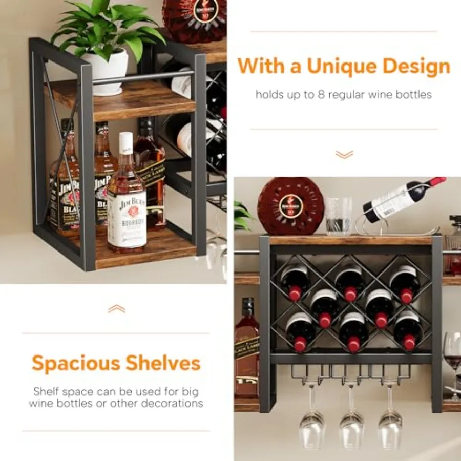 Homeiju Wall Mounted Wine Rack with Glass Holder WoodMetal Retro Bar Shelf Wine Bottles Display Wall Storage for Kitchen Dining