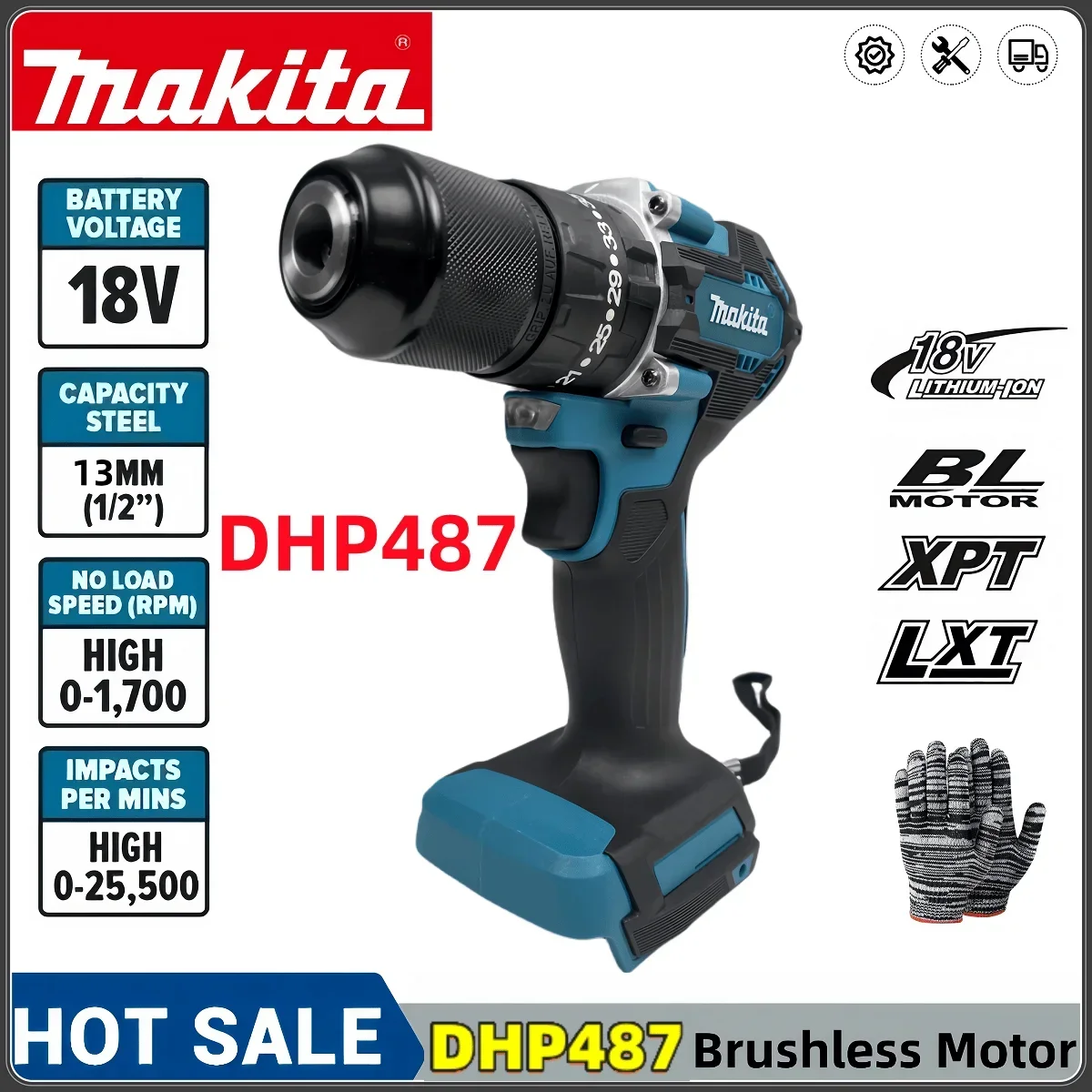 Makita DHP487 สว่านไร้สาย 18V มอเตอร์ไร้แปรงแรงบิดสูงแบตเตอรี่ลิเธียมกระแทกไขควงไฟฟ้าเครื่องมือไฟฟ้า