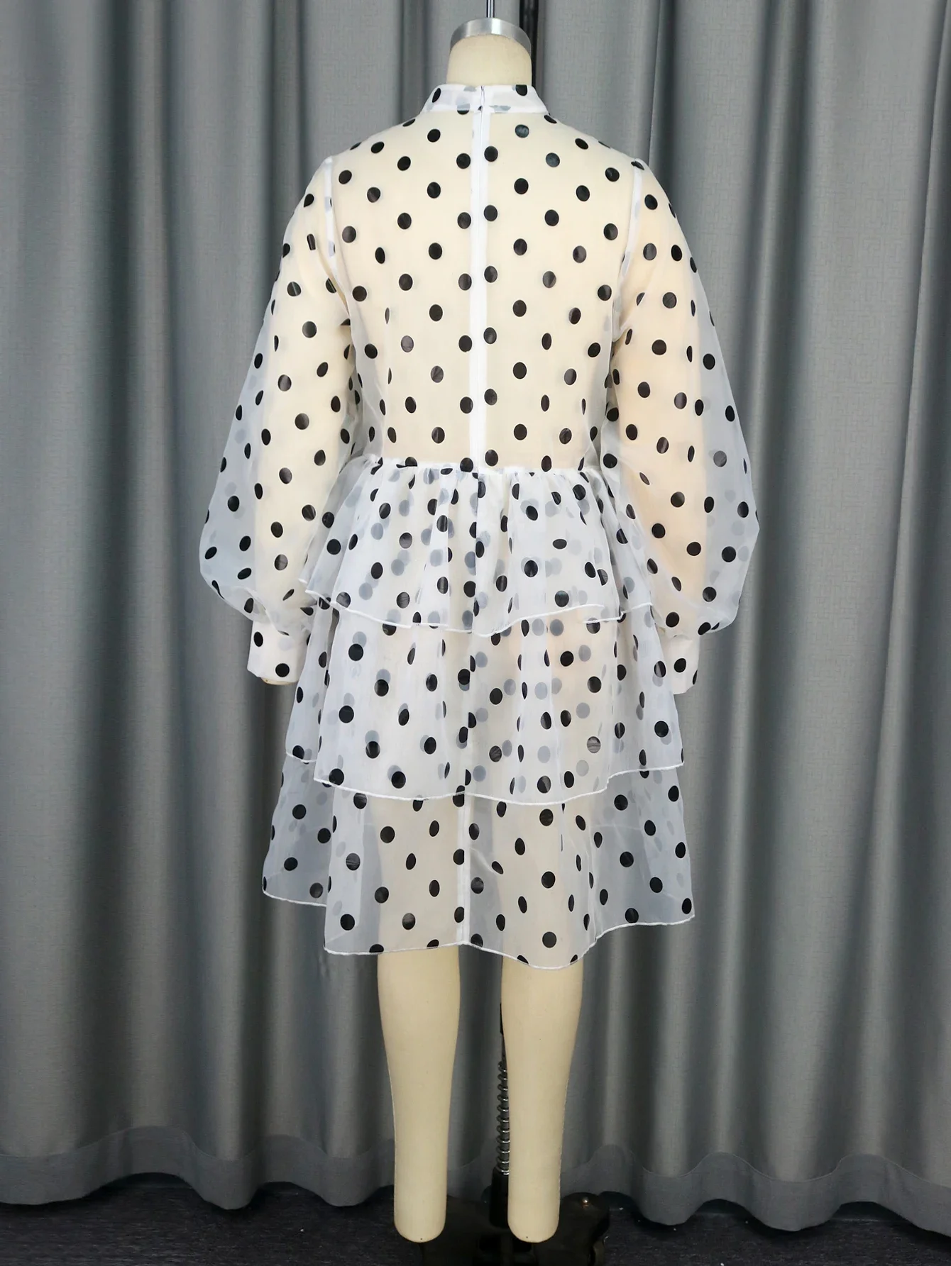 Kobiety Polka Dot See Through White A Line Dresses Mock Neck Long Sleeve Empire Layered Cake Dresses Evening Party Gowns Plus Size