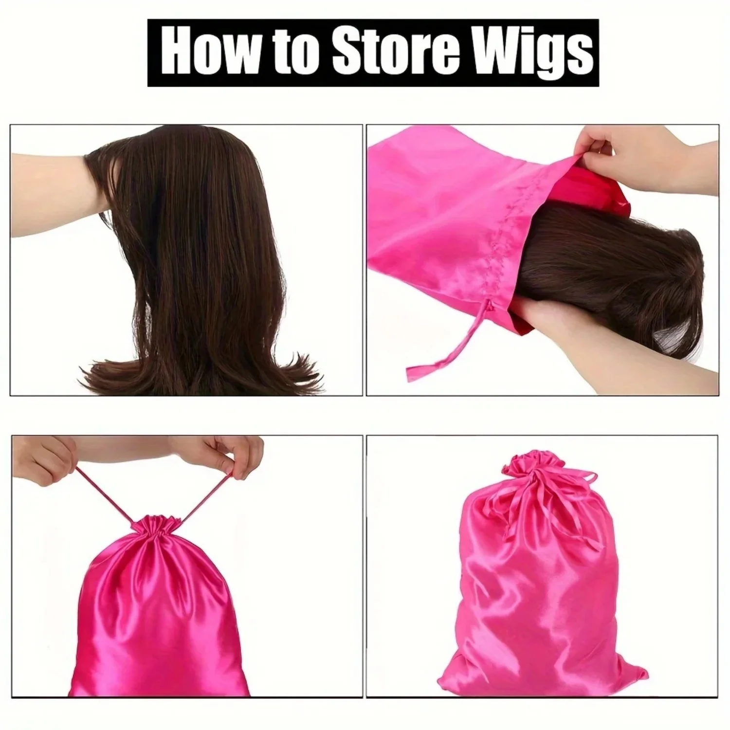 Wig Bags Hair Extensions Bags With Drawstring Soft Silky Satin Wig Bag Pack Black Pink Gold Hair Wig Packaging Bags 35*25cm view 6