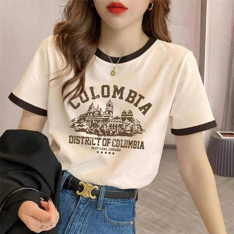 스레드 캐주얼 라운드 넥 디자인 반팔 티셔츠 여성 여름 새로운 스플 라이스 대비 색상 얇은 탑