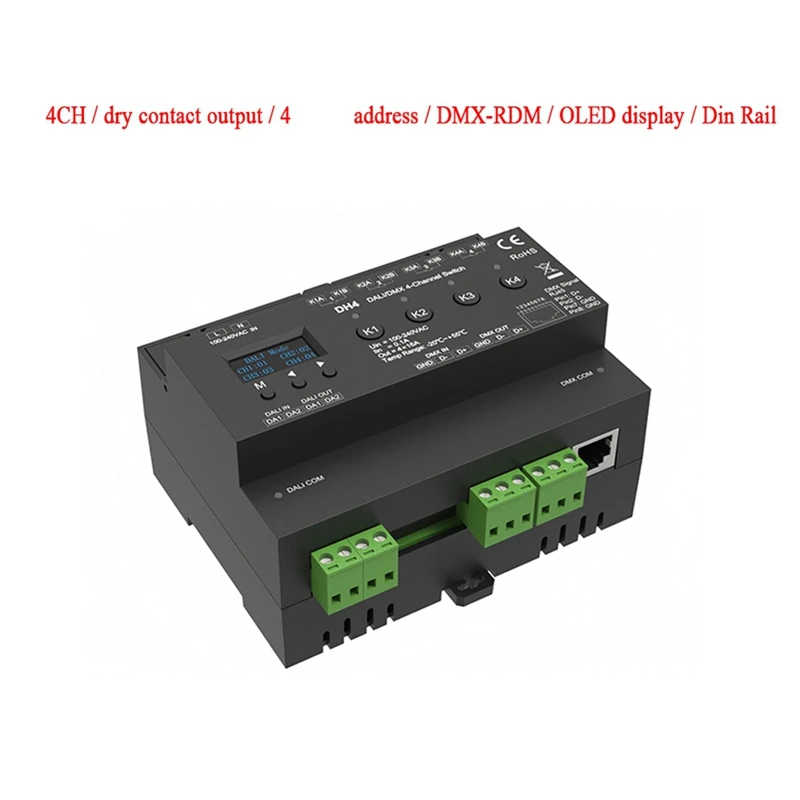 For DMX 4-Channel Switch With OLED Display Screen Relay 4CH Dry Contact Output 4 Address DMX-RDM Din Rail 100-240VAC