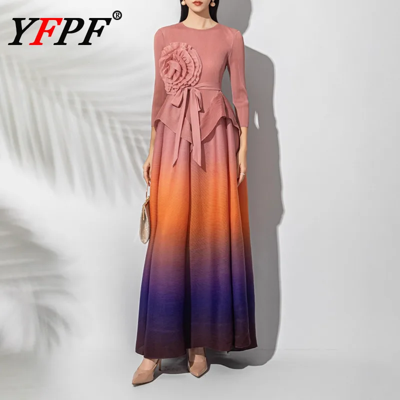 YFPF أنيقة التدرج فستان طويل المرأة مياكي مطوي ثلاثية الأبعاد زهرة تقسم الدانتيل متابعة تجمع الخصر فساتين الحفلات موضة 2026 جديد