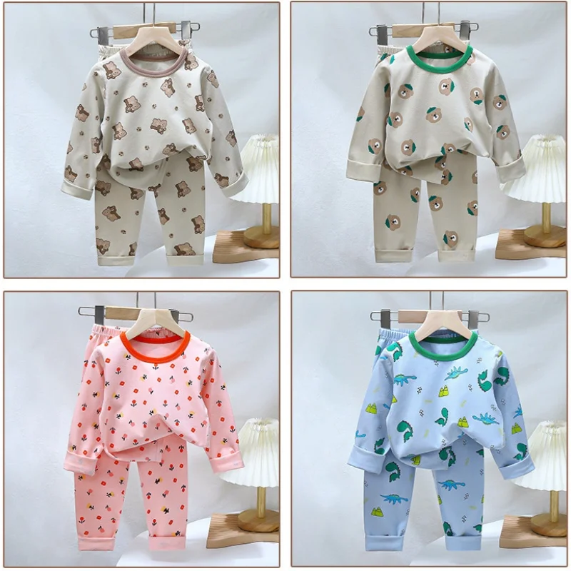 2pcs Baby Autumn Winter Pajamas Set Kids Underwear Warm Clothes Boys Girls Cartoon Pattern Cute Home Wear Children Soft Clothes