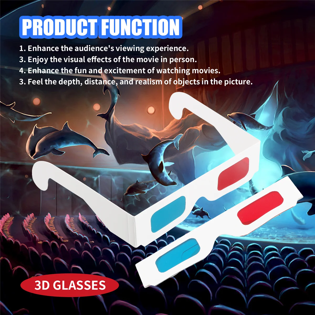 Kacamata 3D WHQT, 10 Pasang Lensa Stereo Kertas Merah dan Biru untuk Set Film Kacamata 3D Kertas Anaglyph