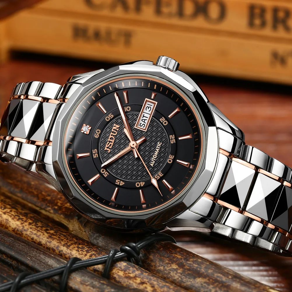 JSDUN New Tungsten Steel Mechanical Watch for Men High Quality Waterproof Calendar Wrist Watch Men Luxury Automatic Mens Watch