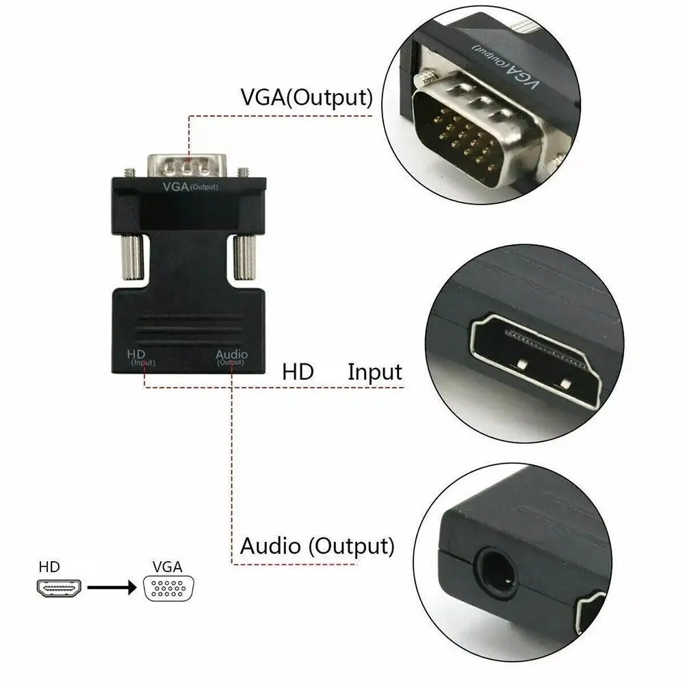 Compatible With HDMI To VGA Female To Rotational Connector 1080p With Audio Converter I-font Audio Video Adapter ABS