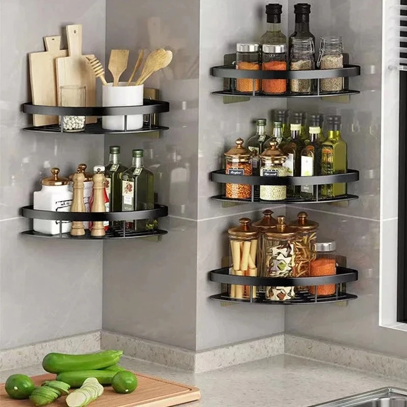 Bathroom Shelf Aluminum Alloy Shampoo Rack Kitchen Storage Organizer Shelves No Drill Corner Shelf Bathroom Accessories