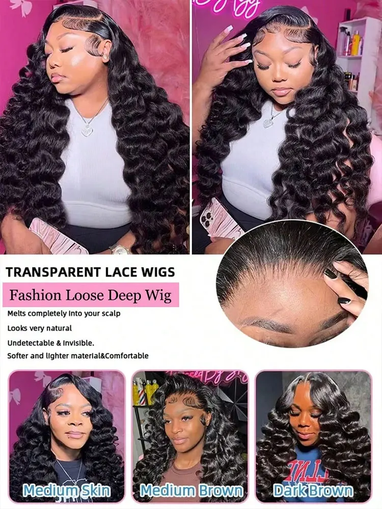 250% Density Loose Deep Wave 13x4 13x6 HD Transparent Lace Frontal Wig 5x5 Gluess Wig   Deep Wave Frontal Human Hair Wig