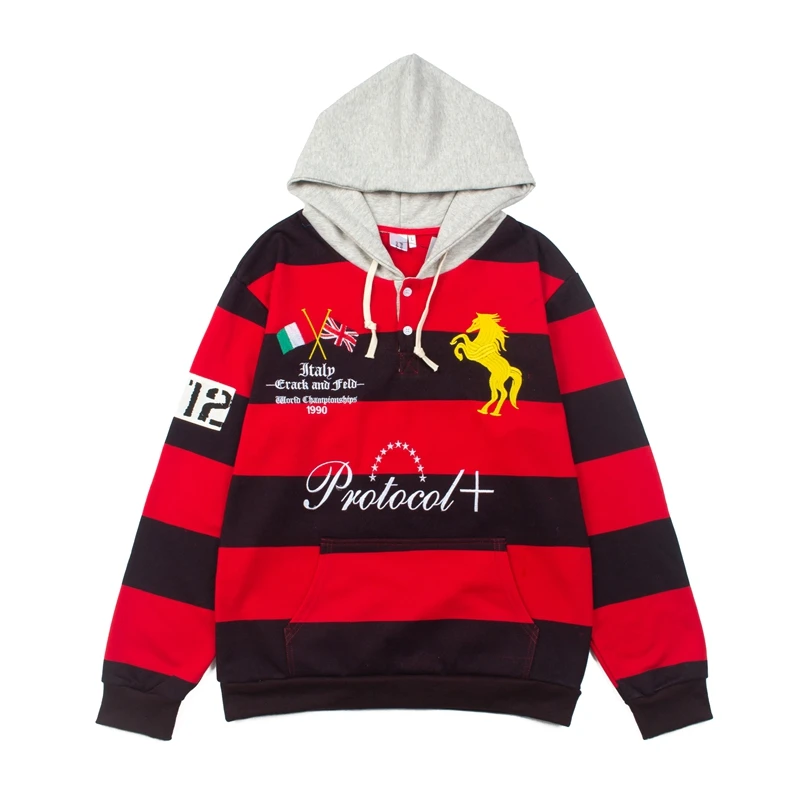 Half Button PROTOCOL INDEX Stripe Embroidery Warhorse Fleece Cloth Hoodie Men Women Color Match American Street Loose Pullovers