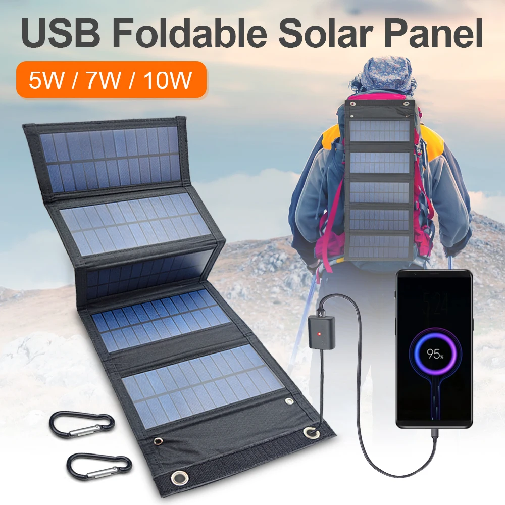 Portable Solar Panel Foldable Waterproof For Cell Phone Charging 5V 10W Outdoor Battery Charger USB Port Power Built-in Battery