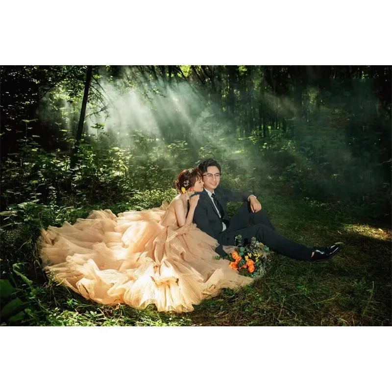 

Yellow Light Wedding Dress Fashion 2025 Fluffy Color Tube Top Pleated Princess Dress Formal Dress Women Elegant Evening Dresses