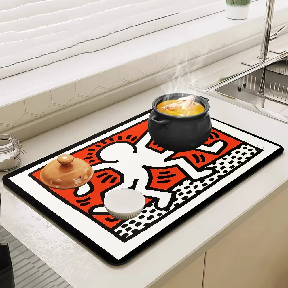 Keiths Haring Floor Mat Printed Dish Drying Mat Super Absorbent Coffee Drain Pad Tableware Kitchen Dinnerware Placemat