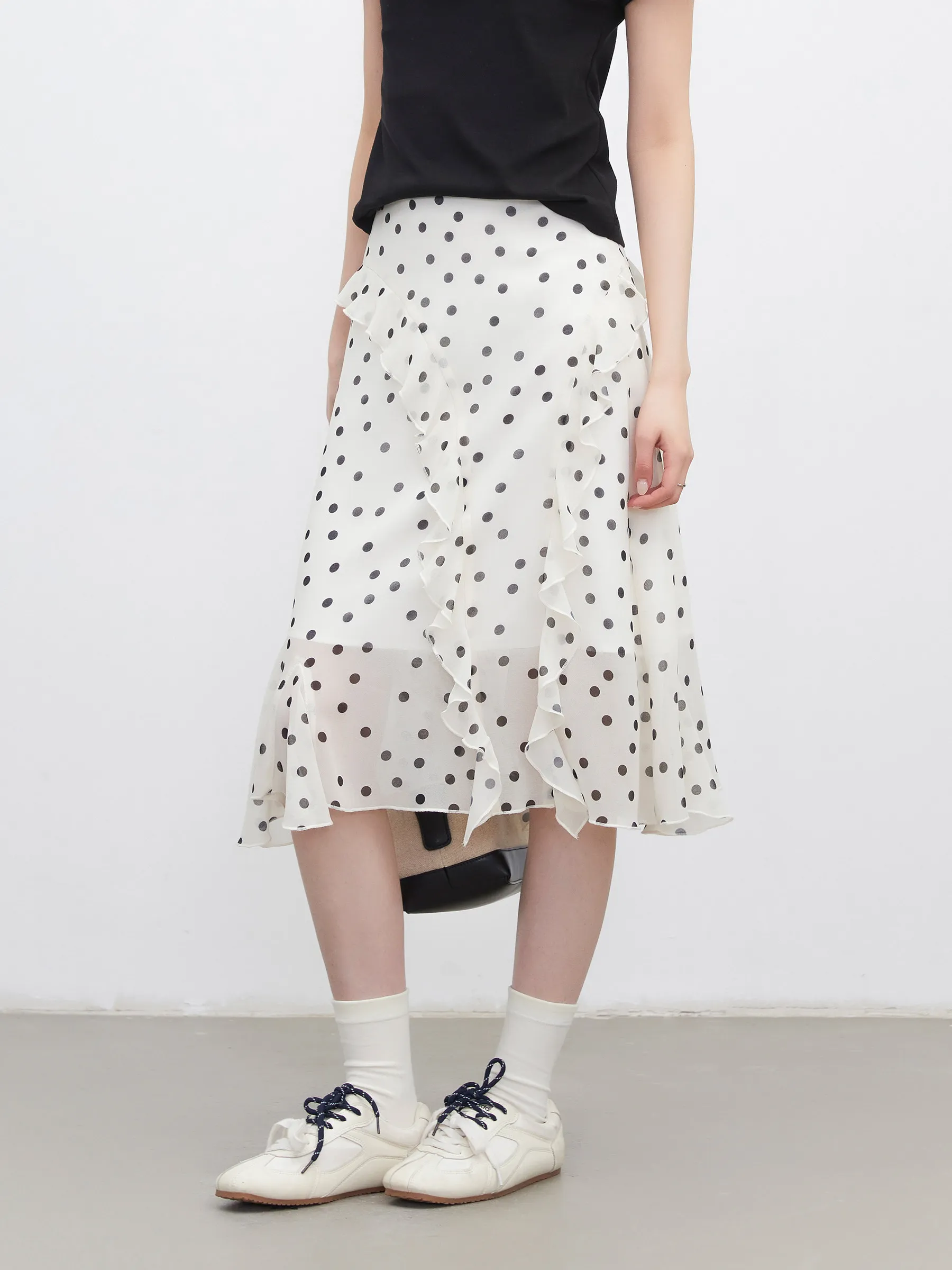 CHIC VEN Women Skirts Loose Casual Retro Polka Dot High Waist Slim Mid Length Irregular Ruffle Edge Skirt Spring Summer 2026