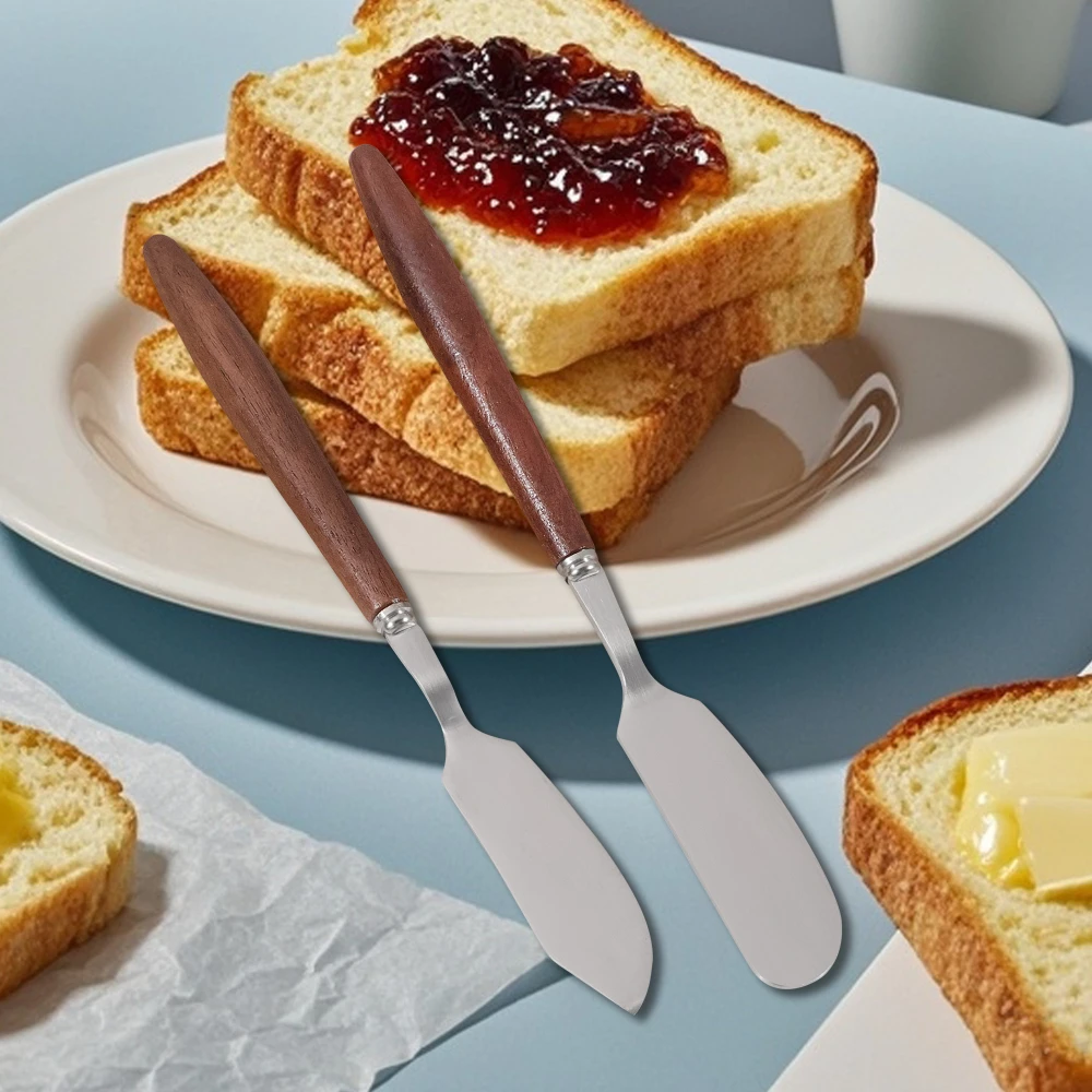 Jaswehome 2pcs Walnut butter Knife Set Cream Jam Spreading Knife Stainless Steel Spatula Scraper Cake Cheese Knife Baking tools