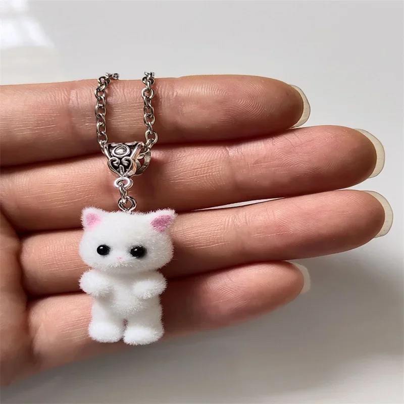 Cute 3D Flocked Kitten Necklaces,Cartoon Resin Cat Animal Pendant DiY Jewelry,Holiday Party Gift,Cat Lover Gifts