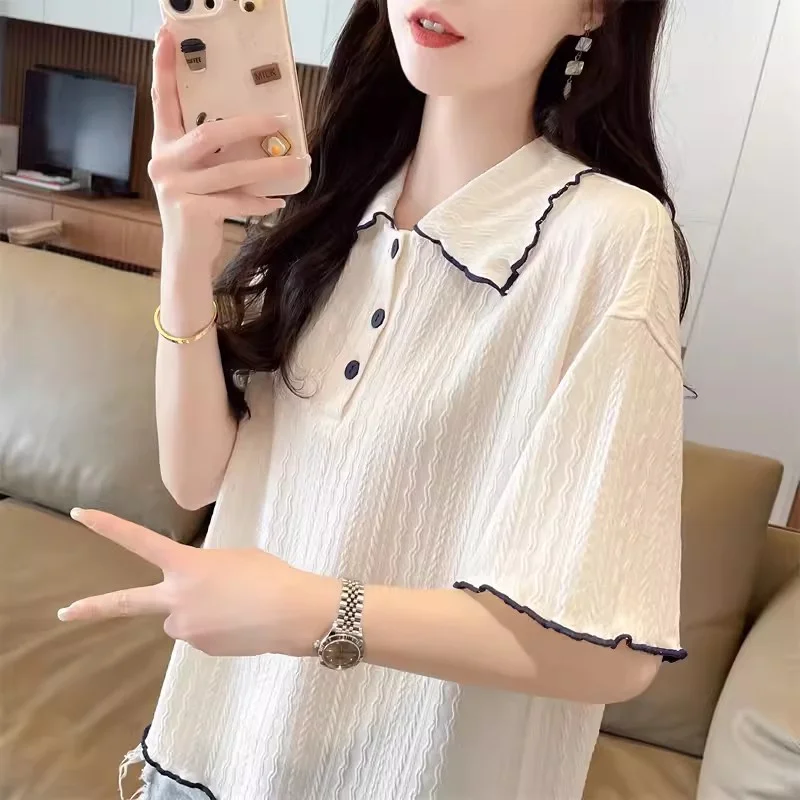 

Polo Collar Shirt Short Sleeved T-shirt for Women 2024 Summer Korean Fitting Women's Versatile Small Short Top Trendy Commuting