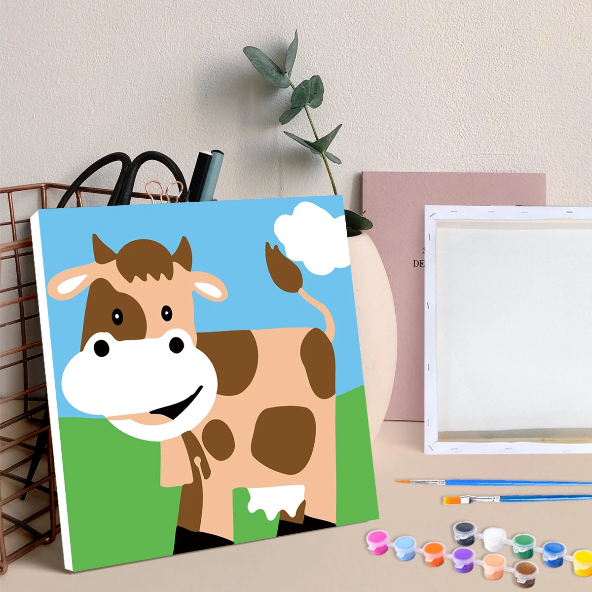 

RUOPOTY Diy Paint By Numbers For Beginner Kits Cartoon Animals Cow Handicrafts Easy To Paint On Canvas For Diy Gift With Framed