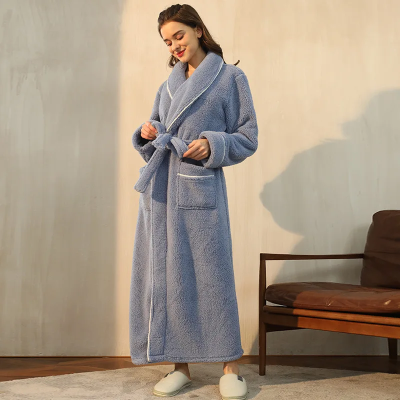 Women Winter Extra Long Warm Flannel Bathrobe Plus Size Thick Coral Fleece Bath Robe Lovers Spa Dressing Gown Men Cozy Sleepwear