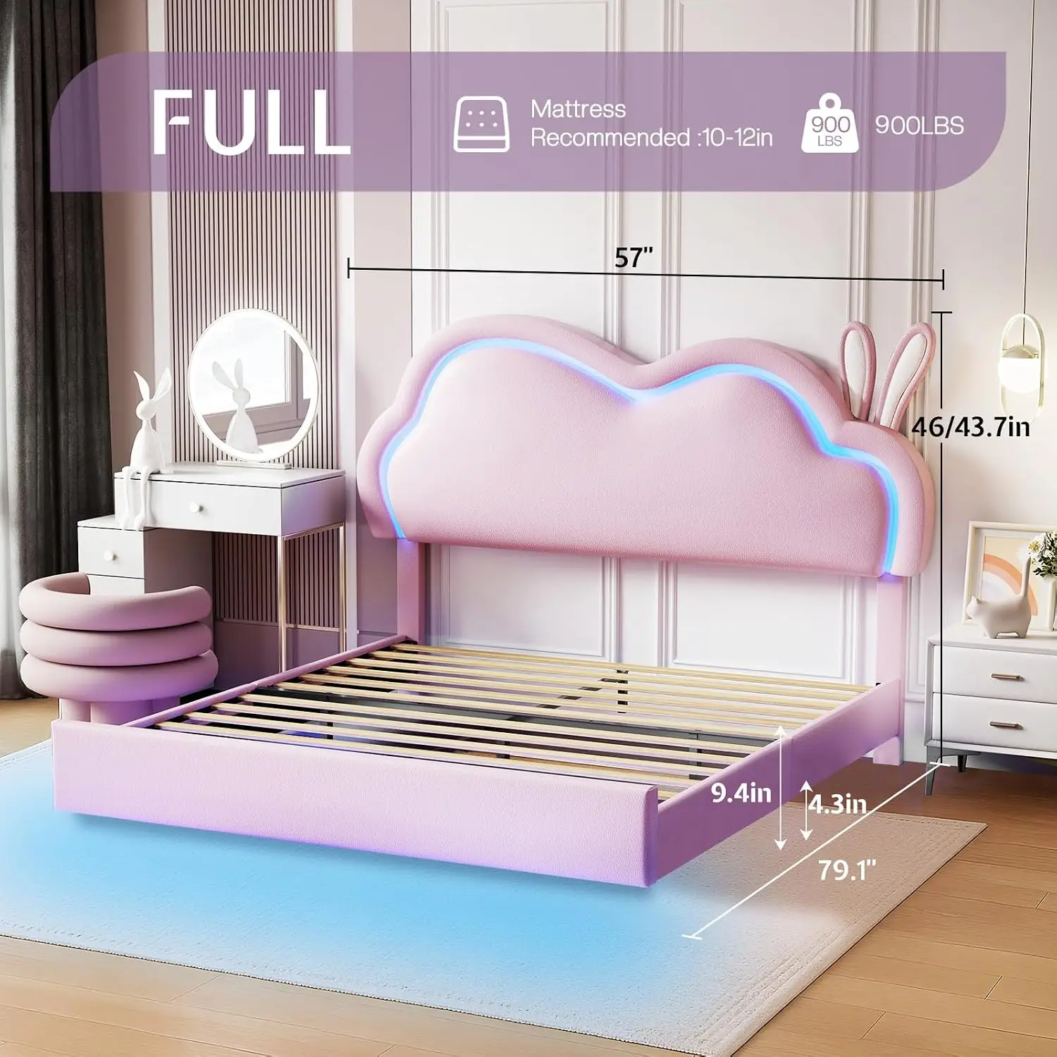 Floating Bed Frame Cloud Headboard Pink Faux Leather LED Light Bunny Ear Adjustable No Box Spring, Customized