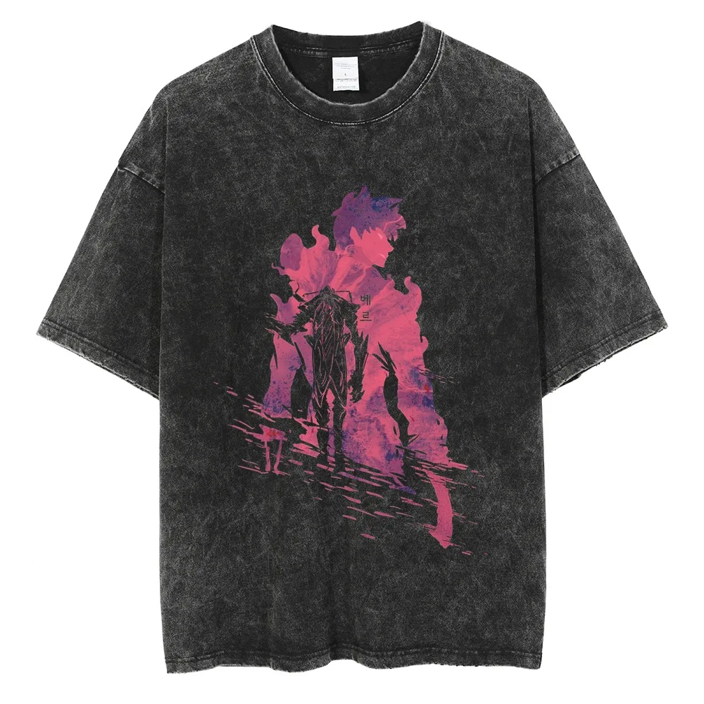 

Hot The New Solo Leveling Upgrades The Animation Series Alone Washed Street Retro T-shirts Street Tide Short Sleeves
